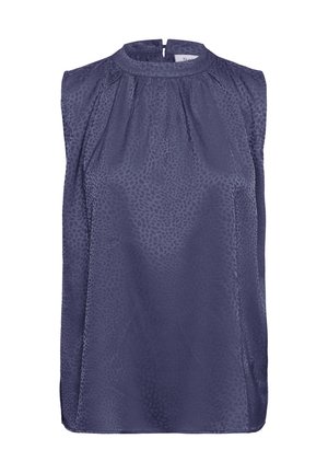 Blouse sans manches en satin bleu foncé avec un motif texturé subtil, col montant et détails froncés sous le col.