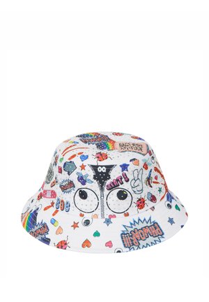 White bucket hat with colorful cartoon designs, including eyes, rainbows, hearts, stars, ladybugs, and playful text phrases.