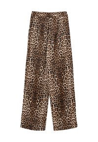 Leopardenmuster-Hosen mit weitem Bein und elastischem Bund, mit einem beigen Grundton und dunkelbraunen Flecken; leichtes Material mit glatter Textur.