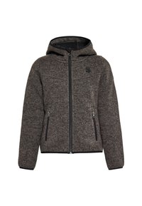 Grå fleecejacka med huva, framdragkedja, två fickor med dragkedja och svarta detaljer. Har en logotyp på bröstet. Mjuk och texturerad tyg.