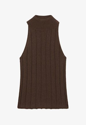 Hnědý bezrukávový žebrovaný pletený svetr s vysokým rolákovým límcem, rovnou spodní lemem a vertikálním pleteným vzorem.