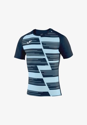 Sportsskjorte med korte ærmer med horisontale striber i marineblå og lyseblå samt en lille logo på øverste venstre del af brystet.