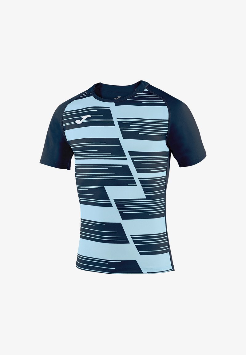 Kurzärmeliges Sportshirt mit navy- und hellblauen horizontalen Streifenmustern und einem kleinen Logo auf der oberen linken Brust.