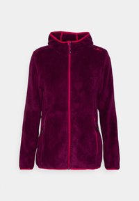 Chaqueta de forro polar en púrpura oscuro con un forro de capucha rosa y cremallera. Presenta bolsillos laterales y una textura suave y esponjosa. Cierre con cremallera.