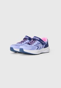 Light purple athletic shoes with dark blue accents, mesh upper, patterned laces, and Velcro strap. Comfortable rubber sole for traction.
