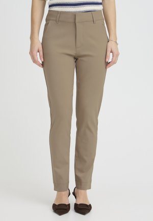 Beige maßgeschneiderte Hose mit glatter Textur, schlanker Passform und zulaufenden Beinen, mit einfachem Design und Vordertaschen.