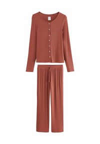 Rust-colored ribbed long-sleeve button-up top with matching wide-leg drawstring pants, laid flat on white background.