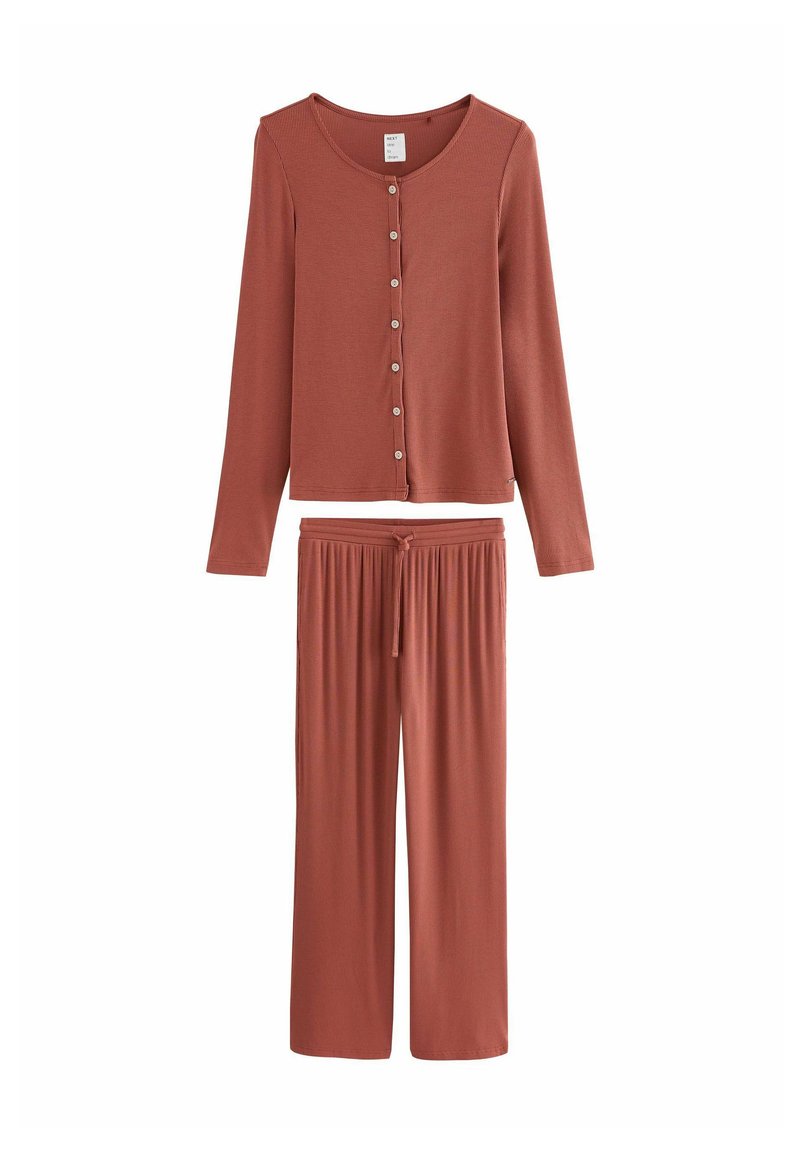 Rust-colored ribbed long-sleeve button-up top with matching wide-leg drawstring pants, laid flat on white background.