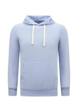 Lichtblauwe hoodie met lange mouwen, witte trekkoorden en een voorzak in kangoeroestijl, weergegeven op een effen witte achtergrond.