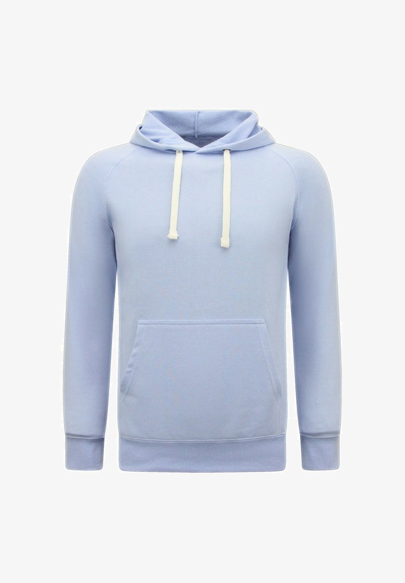 Lichtblauwe hoodie met lange mouwen, witte trekkoorden en een voorzak in kangoeroestijl, weergegeven op een effen witte achtergrond.
