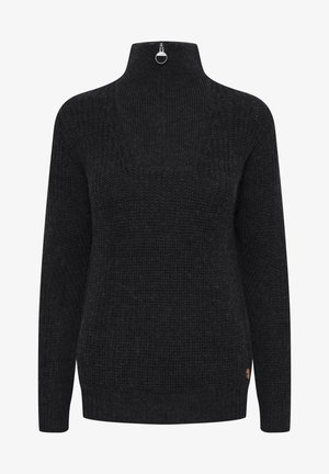 Black, knit sweater with a high collar and zip detail at the neck. Features a textured pattern and a logo accent near the hem.