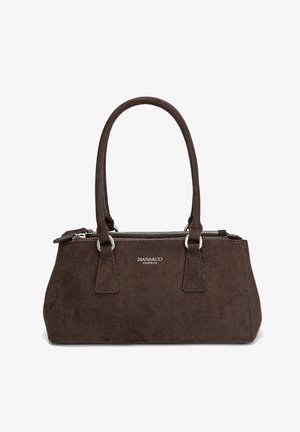 Sac à main rectangulaire en daim marron avec doubles poignées et fermeture éclair argentée, logo DIANA&CO Firenze au centre avant.