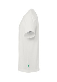 Hvid t-shirt med korte ærmer, lavet af blød bomuld, med en lige pasform og et lille grønt mærke ved den nederste sidesøm.