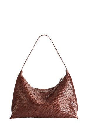 Woven leather shoulder bag in rich brown with a slouchy design, a single strap, and textured surface featuring diamond patterns.