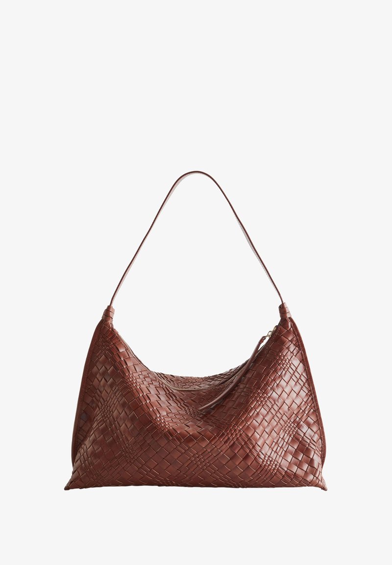 Woven leather shoulder bag in rich brown with a slouchy design, a single strap, and textured surface featuring diamond patterns.