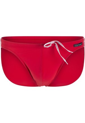 Caleçons de bain rouges en tissu lisse et extensible. Dotés d'une taille à cordon de serrage et d'une petite étiquette logo sur le côté. Design simple, couverture minimale.