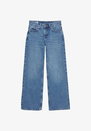 Niebieskie dżinsy o wysokim stanie, szerokie nogawki, zapinane z przodu na guzik i zamek błyskawiczny, z pięcioma kieszeniami.