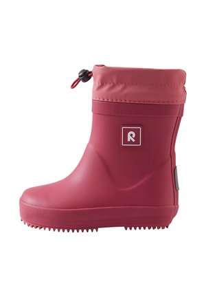 Roter wasserdichter Kinderstiefel mit profilierter Sohle und verstellbarem Kordelzug am Schaft, mit quadratischem Logo an der Seite.