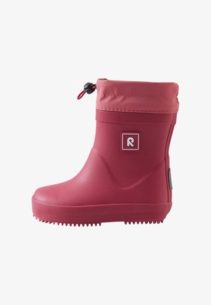 Botte imperméable pour enfant rouge avec semelle texturée et bord ajustable avec un cordon, avec un logo carré sur le côté.