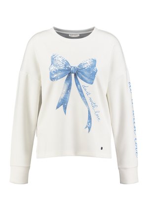 Camicia bianca a maniche lunghe con un grande fiocco blu con paillettes e testo corsivo "do it with love" sulla parte anteriore e sulla manica.