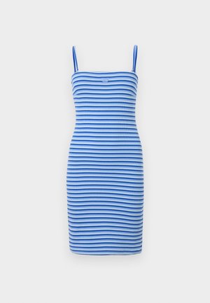 Abito bodycon a strisce blu e azzurro alternati, realizzato in tessuto a coste, con silhouette aderente e dettaglio logo sul petto.