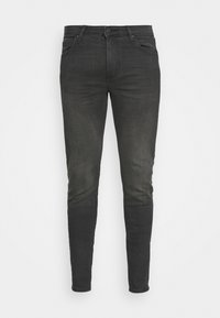 Svart smala jeans i denim med något blekt tvätt, klassisk femficksdesign och metallknapp vid midjan.