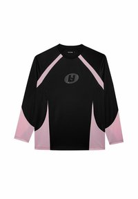 Czarna bluzka z długim rękawem o ryżowym wzorze, z różowymi akcentami i centralnym logo w owalnym kształcie. Okrągły dekolt, sportowy krój.