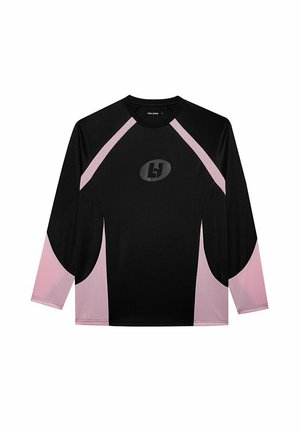 Czarna bluzka z długim rękawem o ryżowym wzorze, z różowymi akcentami i centralnym logo w owalnym kształcie. Okrągły dekolt, sportowy krój.