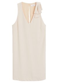 Beiges ärmelloses Kleid mit V-Ausschnitt, aus weichem Stoff, mit Schlitzen im Rücken und einer Schleifen-Akzent an der Schulter für zusätzliche Details.
