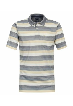 Gestreiftes Poloshirt in Grau, Creme und Beige. Kurze Ärmel, Kragen mit Knopfverschluss und eine Brusttasche. Weiches Baumwollmaterial.