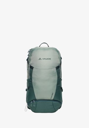Mochila de senderismo Vaude Wizard 30+4 en verde y gris, con asa superior, múltiples compartimentos con cremallera y correas laterales de compresión.