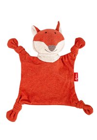 Red fabric fox comforter with knotted corners, soft textured body, and a smiling embroidered face. Measures approximately 12 inches wide.