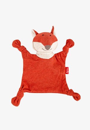 Red fabric fox comforter with knotted corners, soft textured body, and a smiling embroidered face. Measures approximately 12 inches wide.