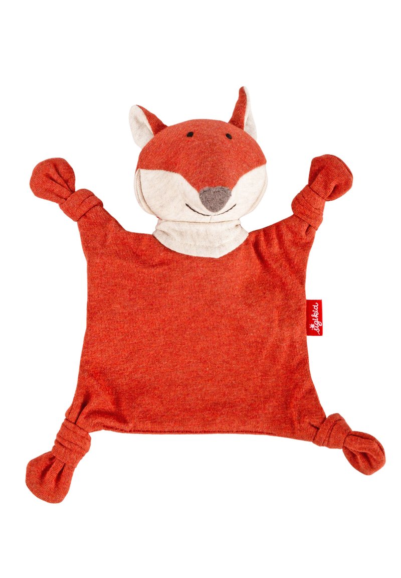 Red fabric fox comforter with knotted corners, soft textured body, and a smiling embroidered face. Measures approximately 12 inches wide.