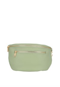 Borsa in pelle verde con finitura testurizzata, dotata di due scomparti con zip e dettagli in metallo dorato. Forma compatta e arrotondata.