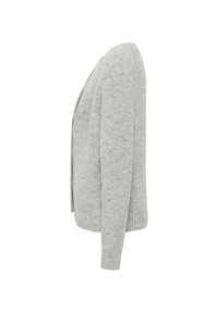 Szary dzianinowy kardigan o luźnym kroju, z długimi rękawami i otwartym przodem. Tkanina ma miękką teksturę o średniej grubości.