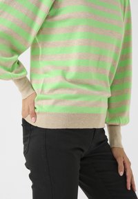 Maglione leggero con righe orizzontali verde e beige. Presenta polsini e orlo a coste, una texture morbida e una vestibilità comoda. Abbinato a pantaloni neri.