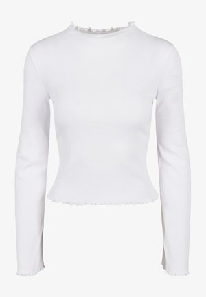Weißes Langarmoberteil aus gerippter Baumwolle mit einem Rüschensaum am Hals und am Saum. Das Design ist figurbetont mit einer leicht verkürzten Silhouette.