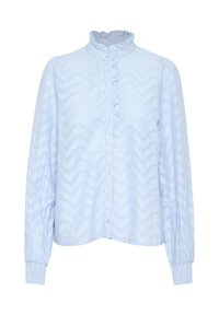 Blouse bleu clair avec un col froncé, un devant à boutons et des manches longues avec des poignets élastiques. Motif texturé en zigzag sur l'ensemble.