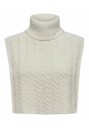 Pull sans manches à col roulé tricoté de couleur crème avec un motif torsadé et un col côtelé.