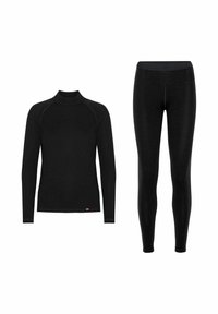 Top termico nero a maniche lunghe con collo alto e leggings neri elasticizzati, entrambi caratterizzati da un tessuto liscio e un design minimalista.