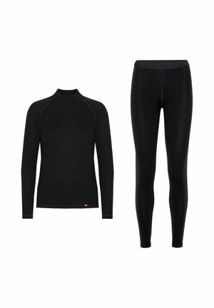 Černé dlouhé rukávy termálního topu s výstřihem do stojáčku a elastické černé legíny, oboje s hladkým materiálem a minimalistickým designem.
