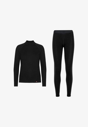 Černé dlouhé rukávy termálního topu s výstřihem do stojáčku a elastické černé legíny, oboje s hladkým materiálem a minimalistickým designem.