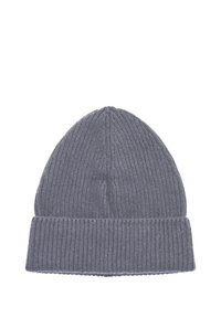 Szary dziany beanie o prążkowanej strukturze, z podwiniętym brzegiem i koroną na szczycie. Wykonany z miękkiego, ciepłego materiału, dobrze dopasowujący się do głowy.
