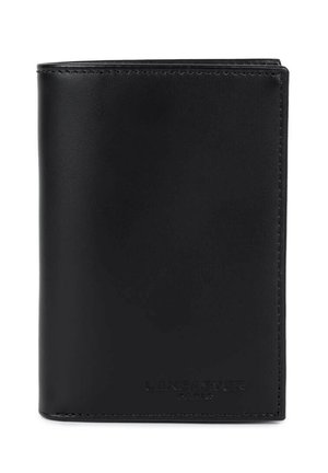 Portefeuille noir en cuir bifold avec une finition lisse et un logo embossé discret "Lancaster Paris" dans le coin inférieur droit.