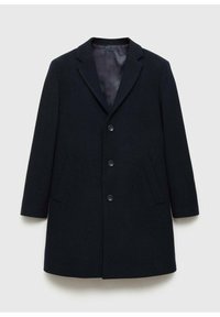 Navy wool blend coat with a notched collar, single-breasted front, three button closure, and side pockets; smooth, textured fabric.