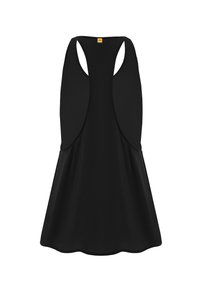 Débardeur noir sans manches avec un design dos nageur, forme fluide et ourlet arrondi. Fabriqué en tissu léger et lisse.