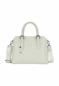 Borsa strutturata verde chiaro con texture a grana, manici superiori doppi, tracolla removibile e tasca frontale con cerniera.