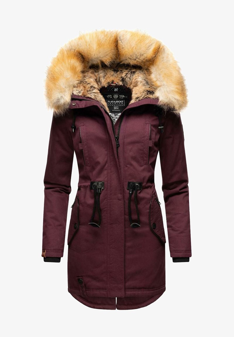 Burgundy parka jacket featuring a faux fur-lined hood, drawstring waist, and multiple pockets. Smooth texture, knee-length design.