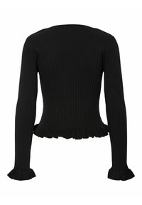 Pull noir à manches longues côtelé avec poignets et ourlet à volants, silhouette ajustée, vu de dos.